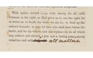 This famous paragraph from Lincoln's Second Inaugural Address, delivered March 4, 1865, bears what might be his fingerprints. MUST CREDIT: Library of Congress