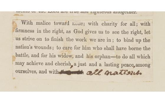 This famous paragraph from Lincoln's Second Inaugural Address, delivered March 4, 1865, bears what might be his fingerprints. MUST CREDIT: Library of Congress