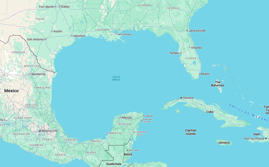 A map showing the Gulf of Mexico, east of Mexico and south of the United States.