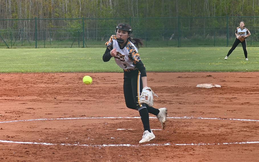 Shannon Correa, a junior at Stuttgart, tosses a pitch during a no-hit shutout against Vilseck in Division I softball on Friday, April 26, 2024, in Vilseck, Germany.