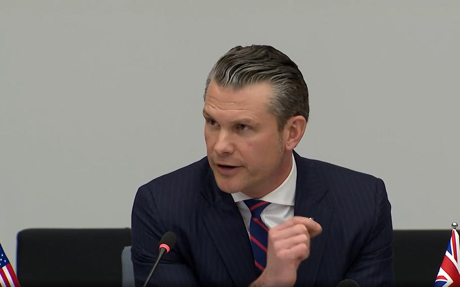 Pete Hegseth speaks at a NATO meeting.