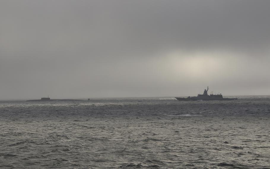 The U.S. Coast Guard Cutter Stratton shadows a Russian submarine not far from Point Hope, Alaska