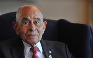 Retired Lt. Gen. Arthur J. Gregg poses for photographs in the ballroom of the Lee Club at Fort Lee. The 94-year-old concluded a 35-year career in 1981 as chief, Office of the Deputy Chief of Staff for Logistics. Gregg is the first recipient and namesake of the Army’s Lt. Gen. Arthur J. Gregg Sustainment Leadership Award, which recognizes individuals who have made significant and measurable contributions to Army sustainment operations. (photo by T. Anthony Bell)