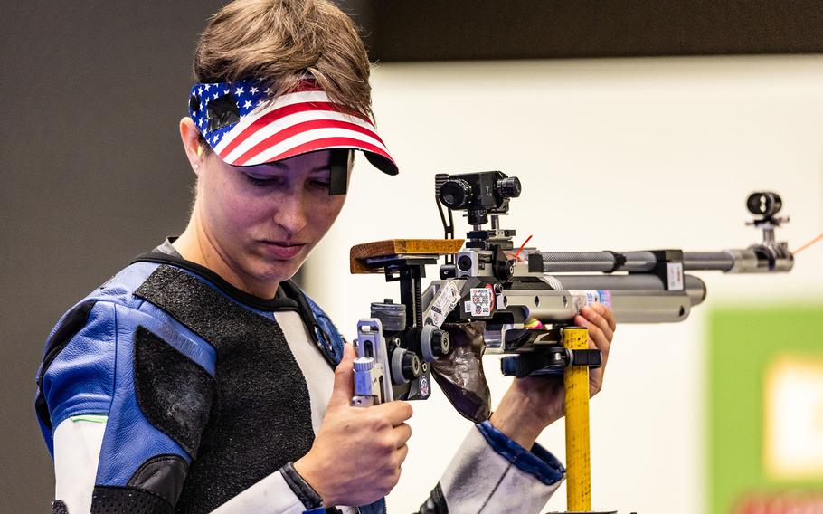 Army Sgt. Sagen Maddalena adjusts her weapon during the women's 10-meter air rifle final of the 2024 Paris Olympics on Monday, July 29, 2024, at Chateauroux Shooting Centre in Chateauroux, France.