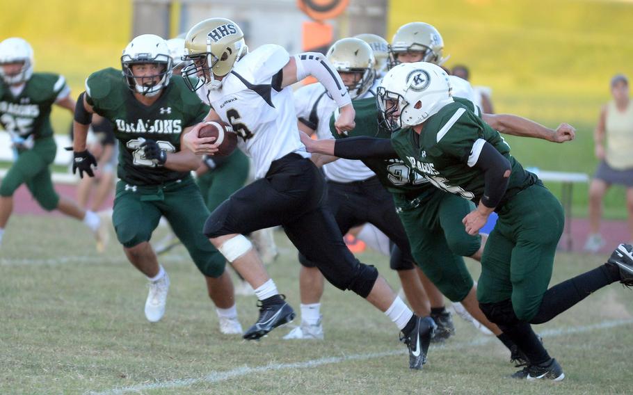 Humphreys' Luke Robinson runs to daylight through the Kubasaki defense.