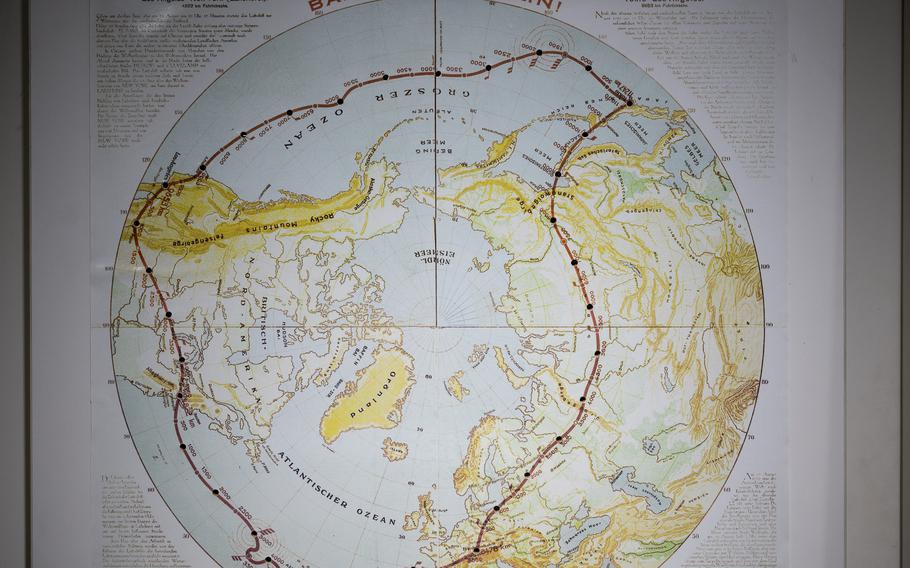 The Zeppelin Musuem in Neu-Isenberg has this world map tracing the route of the Graf Zeppelin on its 1929 trip around the world. The map was part of the materials in the boxed set for the game Banzai Zeppelin.