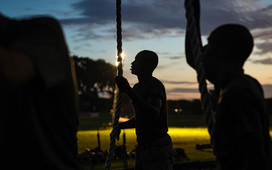 Recruits with Kilo Company, 3rd Recruit Training Battalion, conduct the Obstacle Course on Marine Corps Recruit Depot Parris Island, S.C., July 23, 2024. 