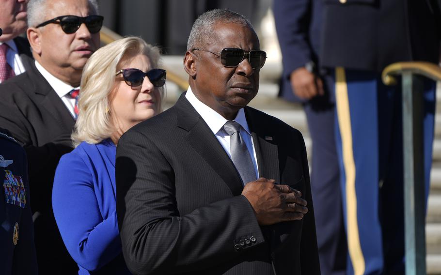 Defense Secretary Lloyd Austin attends a wreath laying ceremony