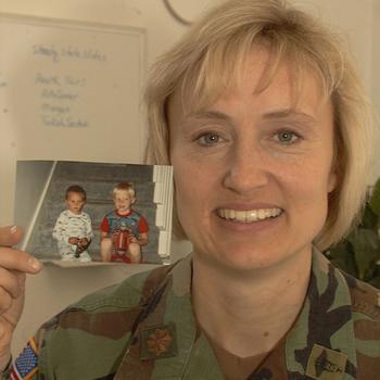 Maj. Sara Spielmann makes scheduled telephone calls to her sons several times a week during her deployment to Bosnia and Herzegovina.