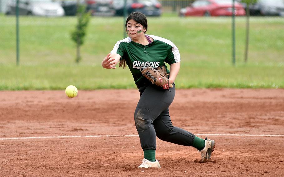 Alconbury junior Kalila Te'o pitches during a Division II/III semifinal against Rota during the DODEA European softball championships May 24, 2024, on Ramstein Air Base, Germany.