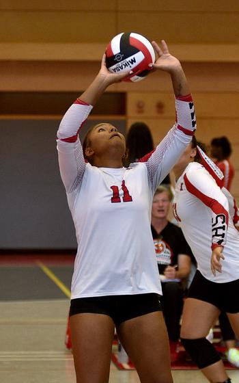 Kaiserslautern's Briana Shields sets a pass to a teammate during a match against Wiesbaden on Sept. 21, 2024, at Kaiserslautern High School in Kaiserslautern, Germany.