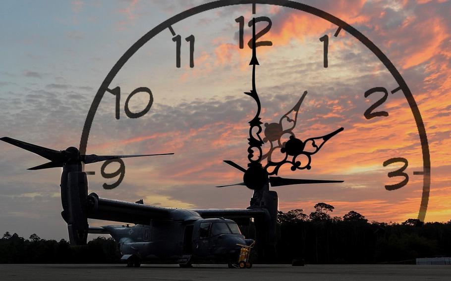 An image of a clock placed over an Osprey at Hurlburt Field in Florida with the sky colored by sunrise.