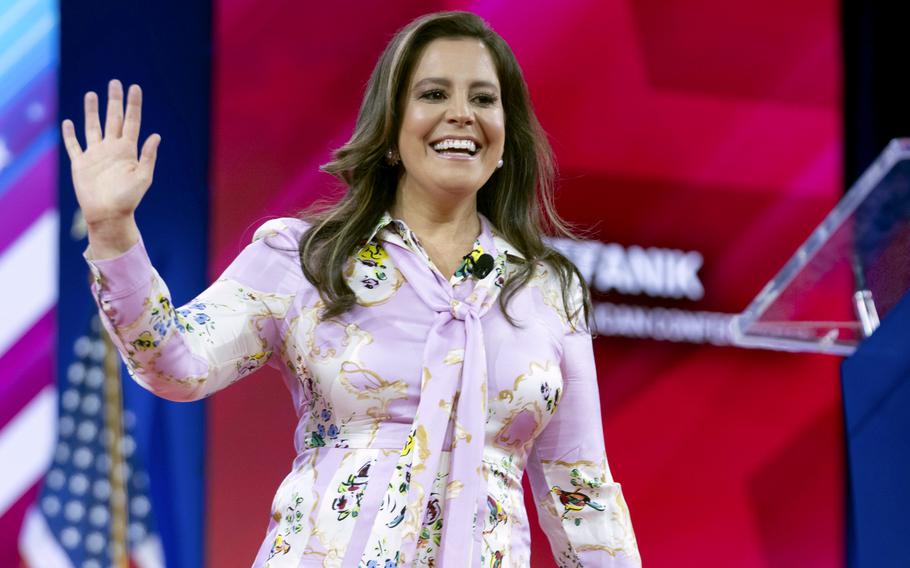 Republican Conference Chair Rep. Elise Stefanik, R-N.Y., waves to supporters