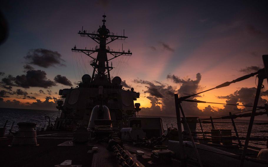 The guided-missile destroyer USS Curtis Wilbur steams through the South China Sea, Thursday, May 20, 2021. Ernesto Saldivar, an employee at General Dynamics NASSCO in Barrio Logan, San Diego, Calif., who was part of the shipyard’s modernization efforts, stole hundreds of items including hard drives and laptops from declassified areas on the USS Pinckney, USS Curtis Wilbur and USS Spruance.