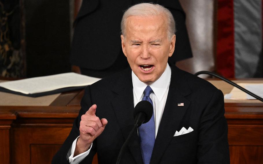 President Joe Biden delivers the State of the Union address in the House Chamber of the U.S. Capitol on Thursday, March 7, 2024, in Washington.