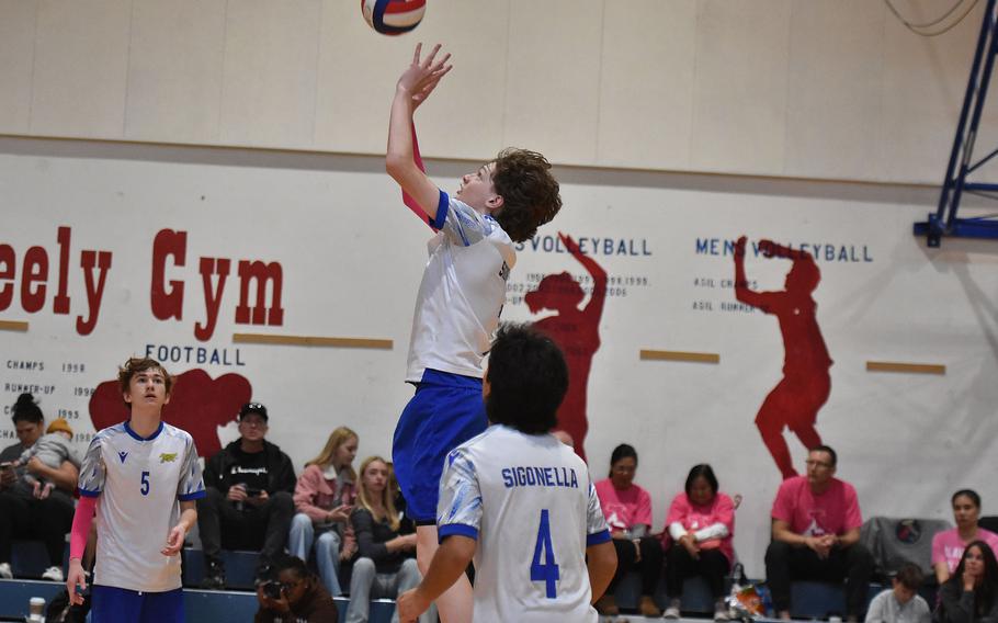 Sigonella's William Thompson pushes the ball toward the net in the Jaguars' matchup against Aviano on Saturday, Oct. 5, 2024, at Aviano Air Base, Italy.