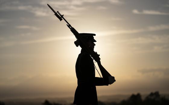 U.S. Army Spc. Jessica Kwiatkowski walks the mat for the final time at the Tomb of the Unknown Soldier, Arlington, Va., Oct. 4, 2024.