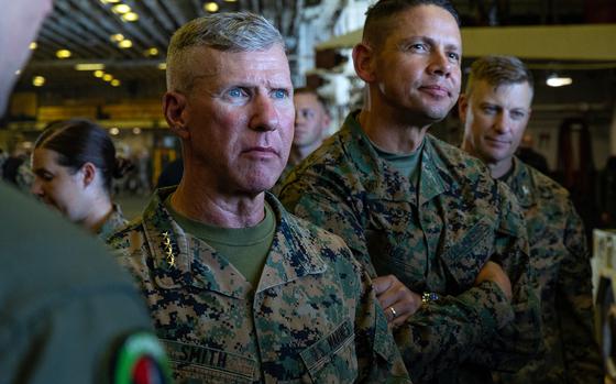 Commandant of the Marine Corps Gen. Eric Smith receives a briefing aboard the amphibious assault ship USS America in the Korea Strait on Sept. 7, 2024.