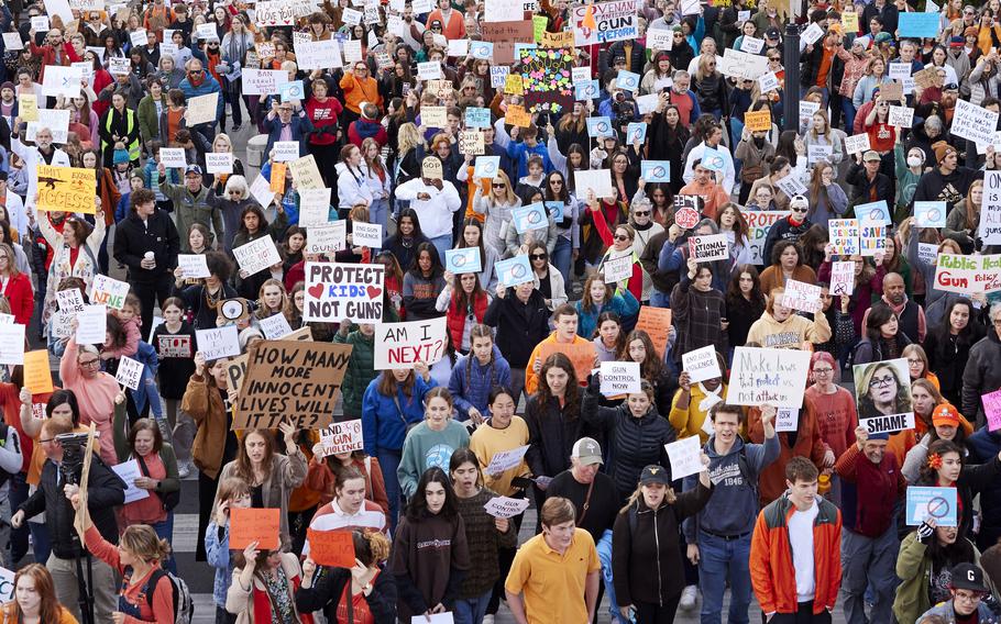 Hundreds of people gather to attend a rally against guns on March 30 at the Tennessee Capitol in Nashville. 