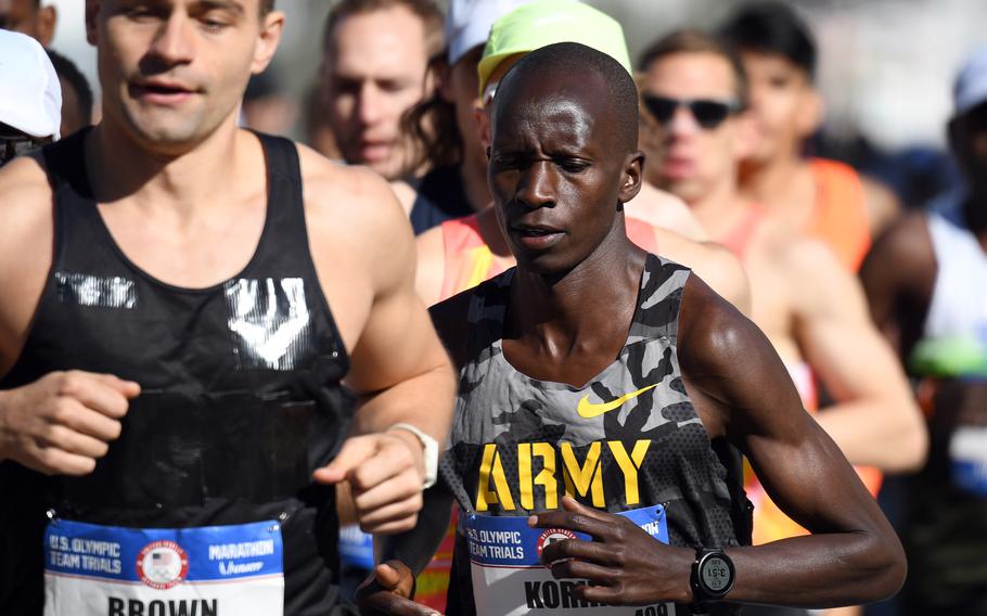 Staff Sgt. Leonard Korir runs during the U.S. Olympic marathon trials on Feb. 3, 2024 in Orlando, Fla., on his way to qualifying for the Paris Olympics.