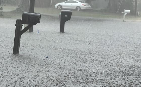 Roads flood in heavy rains Monday, Sept. 16, 2024, in Southport, N.C. (Renee Spencer/The Star-News via AP)