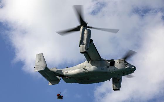 A Marine Corps MV-22B Osprey recovers a casualty from a simulated crash site off the coast of Okinawa, Jan. 22, 2025.