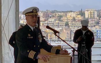 Capt. Matthew Kiser speaks during a change of command ceremony in Gaeta, Italy on Friday, Jan. 31, 2025.