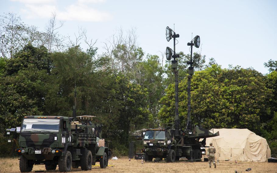 An antenna mast group vehicle, part of the Patriot's minimum engagement package, is staged at Clark Air Base, Philippines, May 2, 2024.