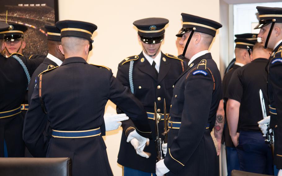 The U.S. Army Drill Team prepares to perform during U.S. Army Day at Nationals Park in Washington, D.C., on Friday, June 16, 2023. The Nationals hosted the Miami Marlins.