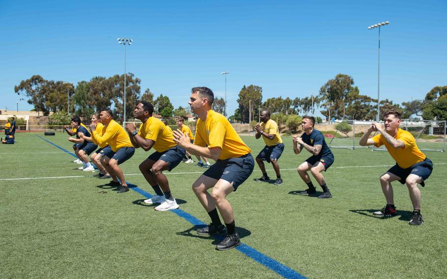 Sailors assigned to the aircraft carrier USS Carl Vinson participate in a physical readiness test in August 2022 at Naval Air Station North Island in San Diego. 