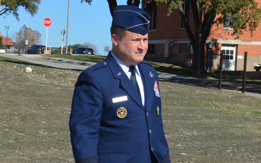 Air Force Major General Phillip Stewart (right) and one of his defense attorneys, Captain Jordan Grande, leave a courthouse on January 18, 2024, following Stewart's arraignment at Joint Base San Antonio-Fort Sam Houston, Texas. 