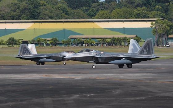 Singapore’s air force posted photographs of U.S. Air Force F-22 Raptor stealth fighters arriving in the city state on Wednesday, Aug. 21, 2024. 