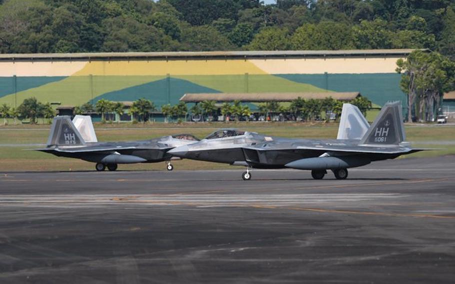 Singapore’s air force posted photographs of U.S. Air Force F-22 Raptor stealth fighters arriving in the city state on Wednesday, Aug. 21, 2024. 