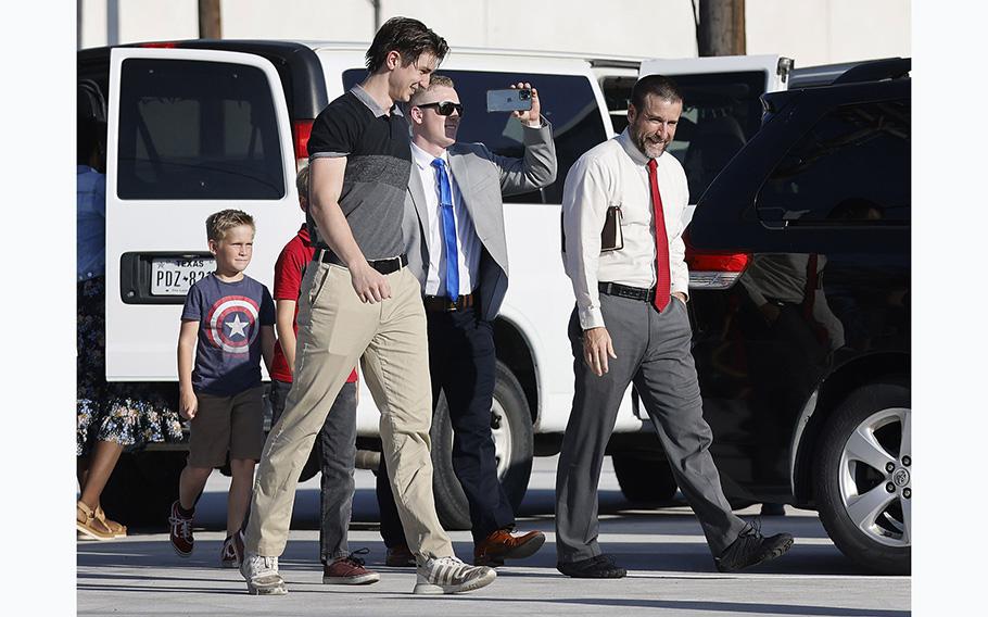 New Independent Fundamentalist Baptist founder Steven Anderson, right arrived to the shouts of protesters from No Hate In Texas at Stedfast Baptist Church’s new location in Cedar Hill, Texas, on July 12, 2023. 