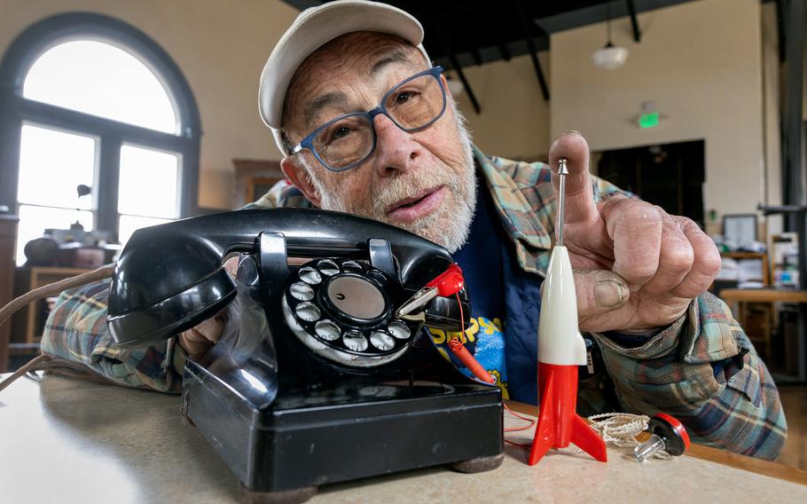Steve Cushman, former president and current director of the California Historical Radio Society, shows off the type of crystal rocket radio that fascinated him as a child, on March 6, at the Bay Area Radio Museum in Alameda, Calif. He’d use an alligator clip to attach antennae to the finger stop on dial telephones back in the ’50’s. 