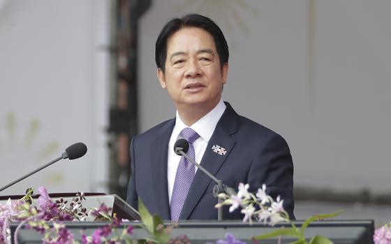 FILE -Taiwanese President Lai Ching-te delivers a speech during National Day celebrations in front of the Presidential Building in Taipei, Taiwan, Oct. 10, 2024. (AP Photo/Chiang Ying-ying, File)