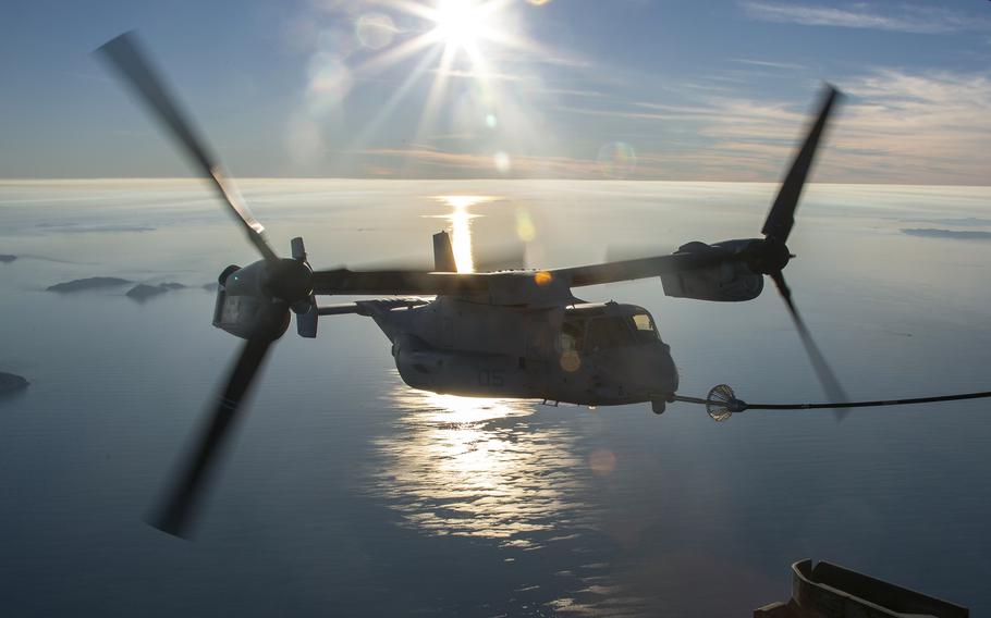 An MV-22 Osprey with Marine Medium Tiltrotor Squadron 265 refuels over Australia during the Talisman Sabre exercise in July 2019.