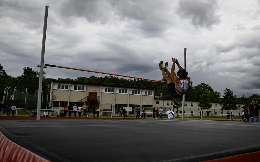 Stuttgart Panther Kai Lewis clears the bar during the boys high jump at the 2024 DODEA European Championships at Kaiserslautern High School in Kaiserslautern, Germany, on May 24, 2024. He secured first place with a jump of 1.85 meters.