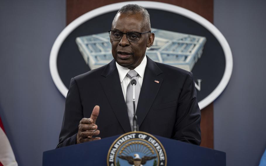 Secretary of Defense Lloyd Austin speaks during a press briefing at the Pentagon.