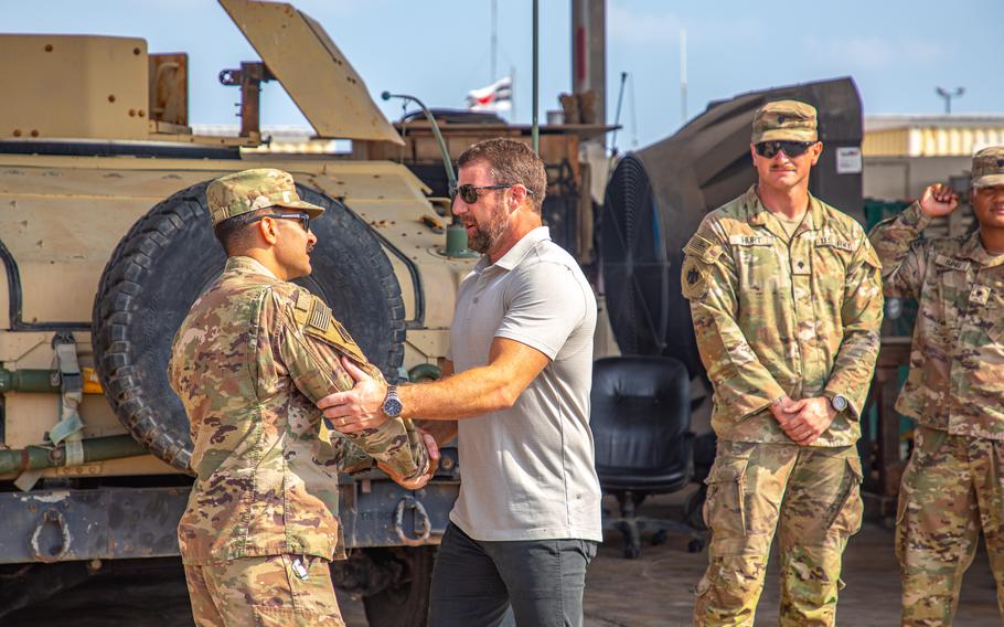 Sen. Markwayne Mullin, R-Okla., talks with soldiers stationed throughout Djibouti and the Horn of Africa on Nov. 11, 2023. 