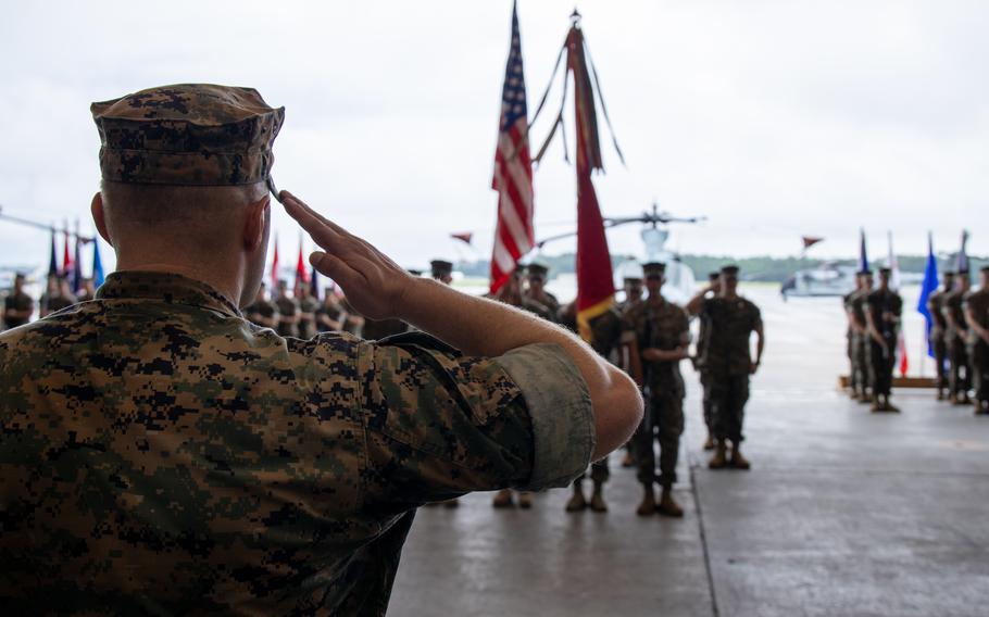 U.S. Marine Corps Lt. Col. Jens Gilbertson, from Washington, commanding officer of Marine Light Attack Helicopter Squadron (HMLA) 269, salutes during the reactivation ceremony of Marine Light Attack Helicopter Squadron (HMLA) 269 at Marine Corps Air Station New River, N.C., July 1, 2024. The reactivation of HMLA-269 provides 2nd Marine Aircraft Wing and II Marine Expeditionary Force with additional offensive air support, utility support, armed escort, and airborne supporting arms capability. 