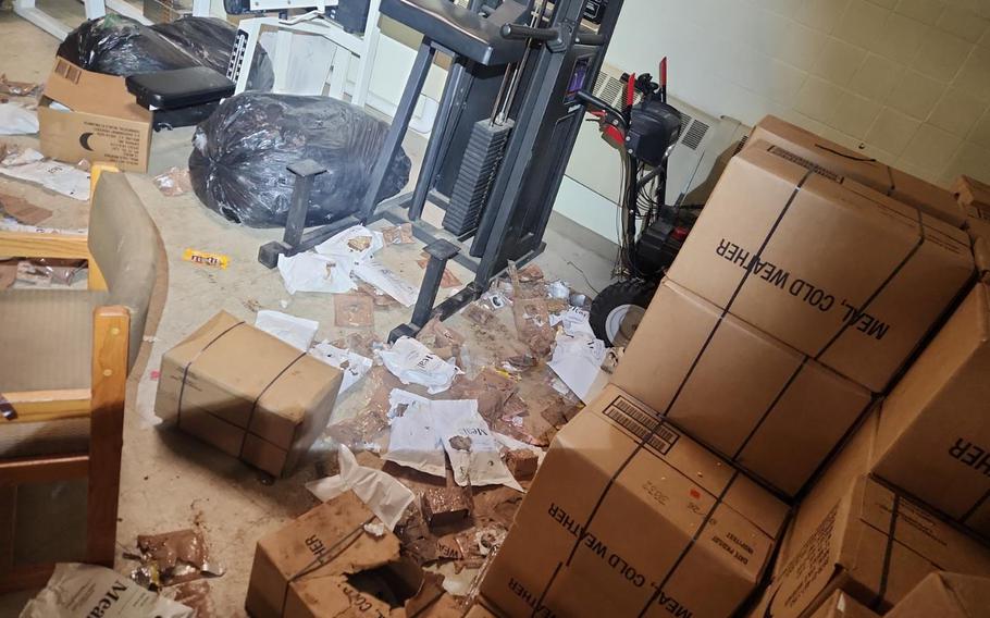 Trash scattered around a storage room at Joint Base Elmendorf-Richardson.