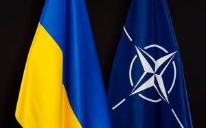 A Ukraine flag is shown next to a NATO flag.