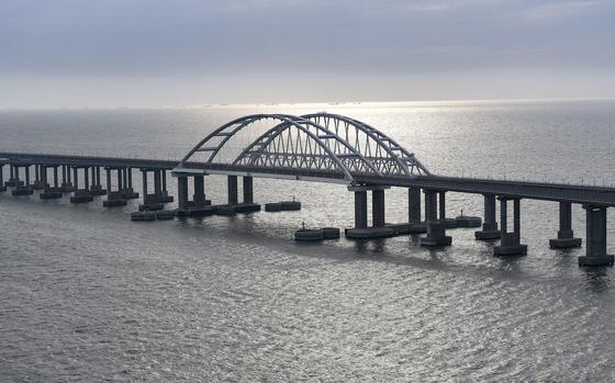 An aerial view of the Crimean Bridge linking Russia and the Crimean peninsula, Monday, Dec. 23, 2019. Putin on Monday inaugurated a railway bridge to Crimea, the longest in Europe, which is intended to facilitate links with Crimea, which Russia annexed from Ukraine in 2014. (Alexei Nikolsky/Pool Photo via AP)