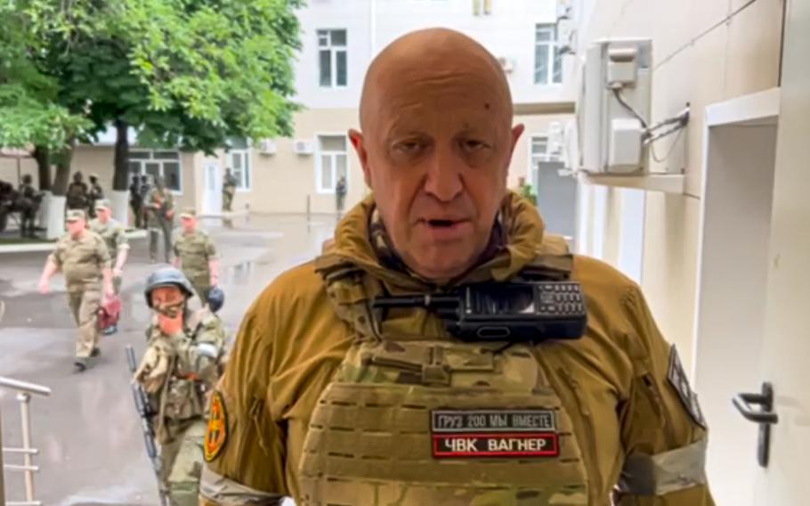 In this handout photo taken from video released by Prigozhin Press Service, Yevgeny Prigozhin records his video addresses in Rostov-on-Don, Russia, June 24, 2023.