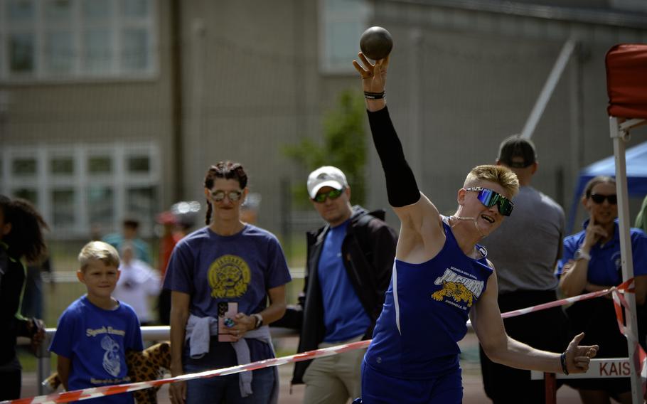 Sladen Hager of the Sigonella Jaguars launches his shot put at the 2024 DODEA European Championships at Kaiserslautern High School in Kaiserslautern, Germany, on May 24, 2024. The 9th-year student secured 13th place out of 15 with a throw of 10.35 meters.