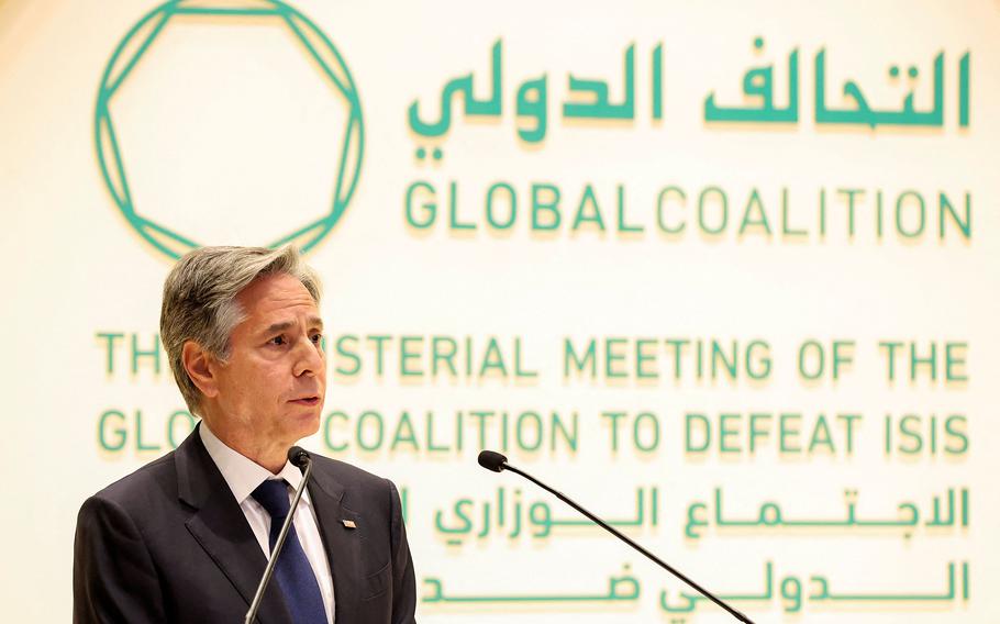 Secretary of State Antony Blinken gives a joint press conference with the Saudi foreign minister after a ministerial meeting of the Global Coalition to Defeat the Islamic State in Riyadh on June 8, 2023.