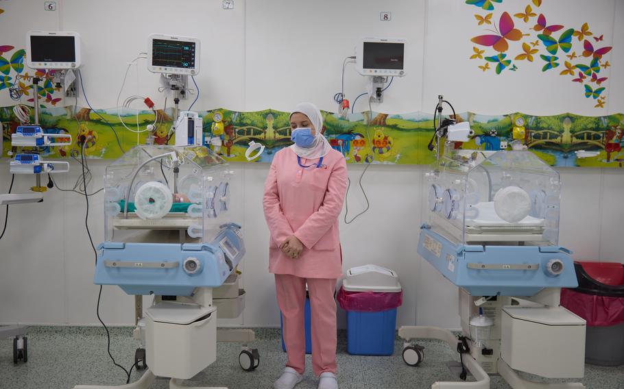 A nurse stands inside the NICU at Egypt’s New Administrative Capital hospital, east of Cairo, where all of the babies who were evacuated from Gaza were taken for emergency medical care.