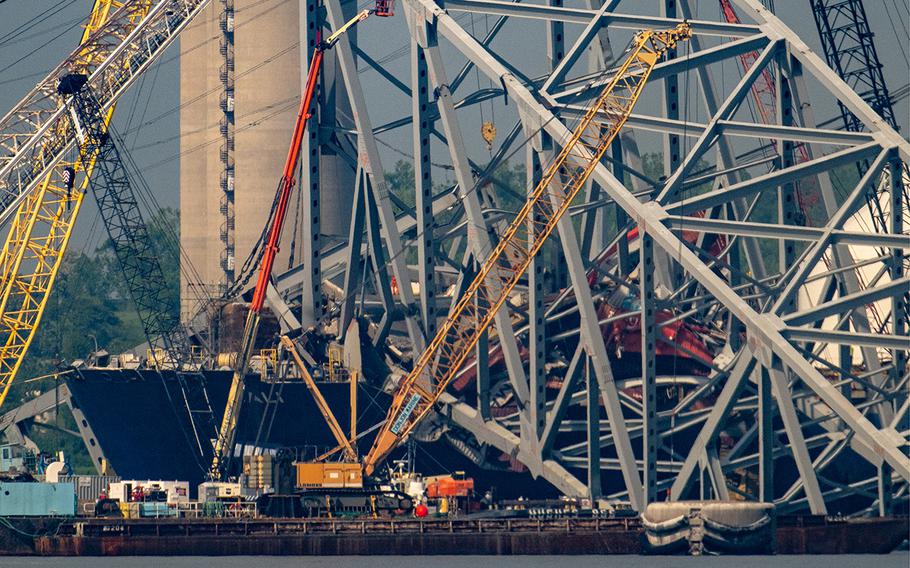 Salvage operations continue at the Francis Scott Key Bridge collapse site on May 8, 2024.