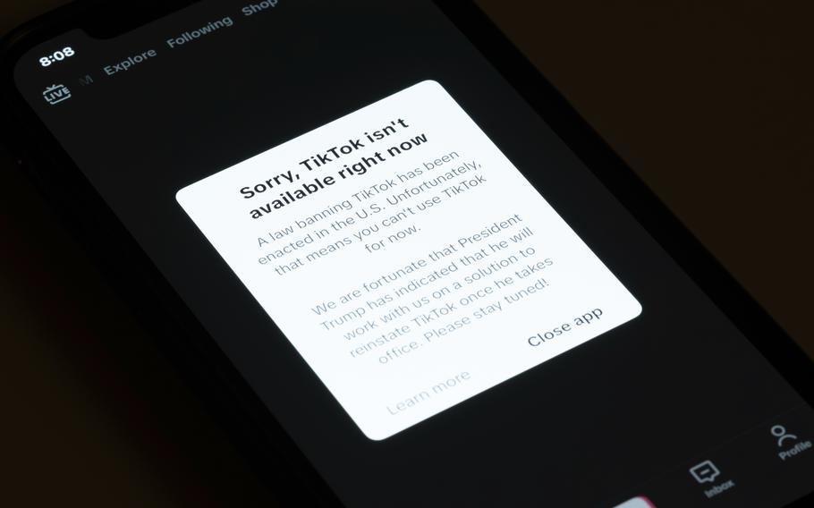 A message reading “Sorry, TikTok isn’t available right now” is displayed from the TikTok app on a cell phone screen.